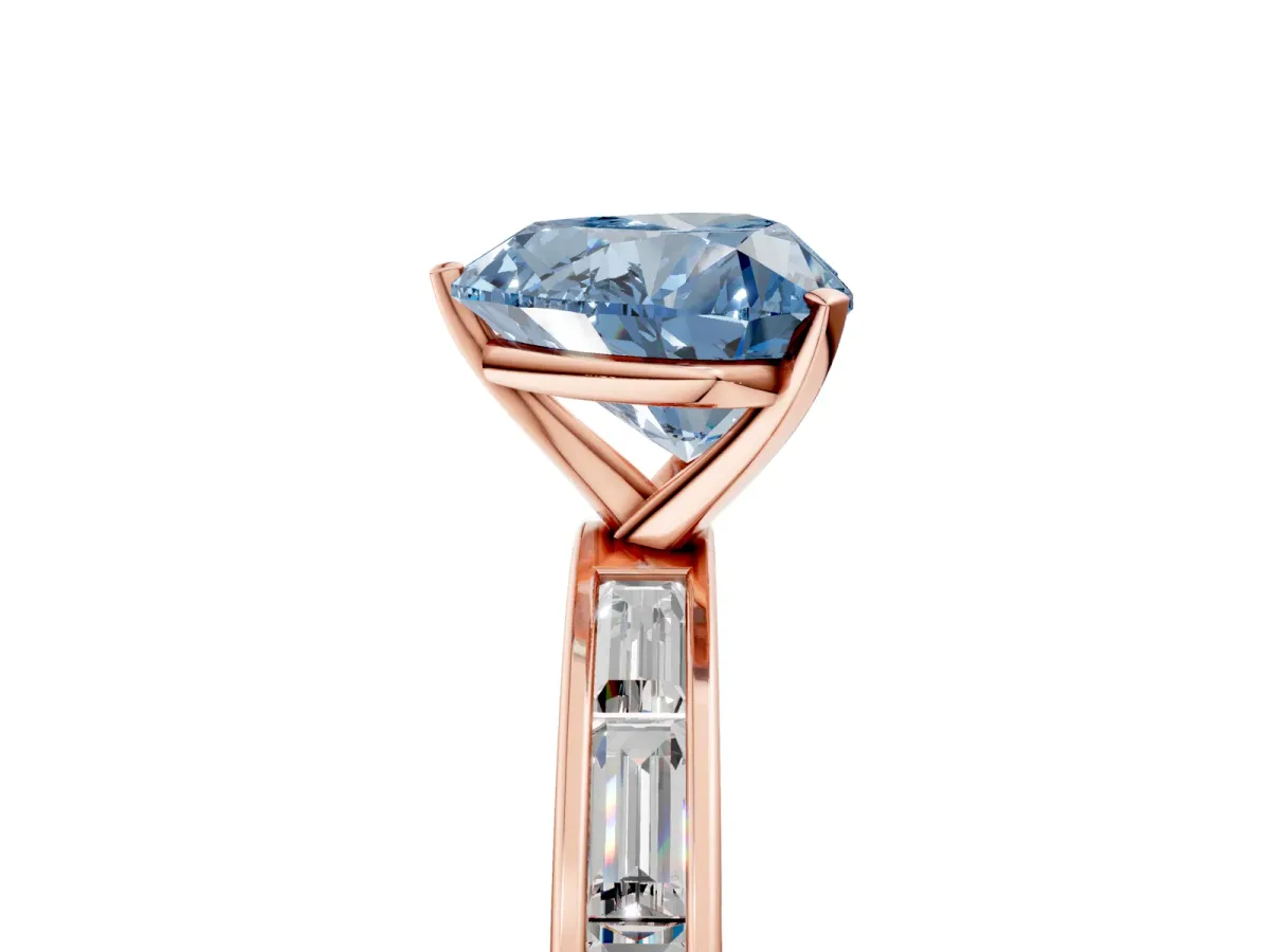 Fancy Blue Heart Cut Solitaire Diamond Ring with Channel-Set Baguette Band and Four-Prong Setting Rose gold