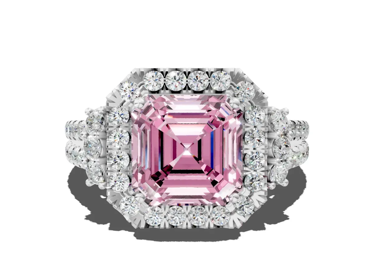 Fancy Pink Asscher Cut Cut Double Halo Diamond Engagement Ring with Pave Band and Four-Prong Setting Platinum