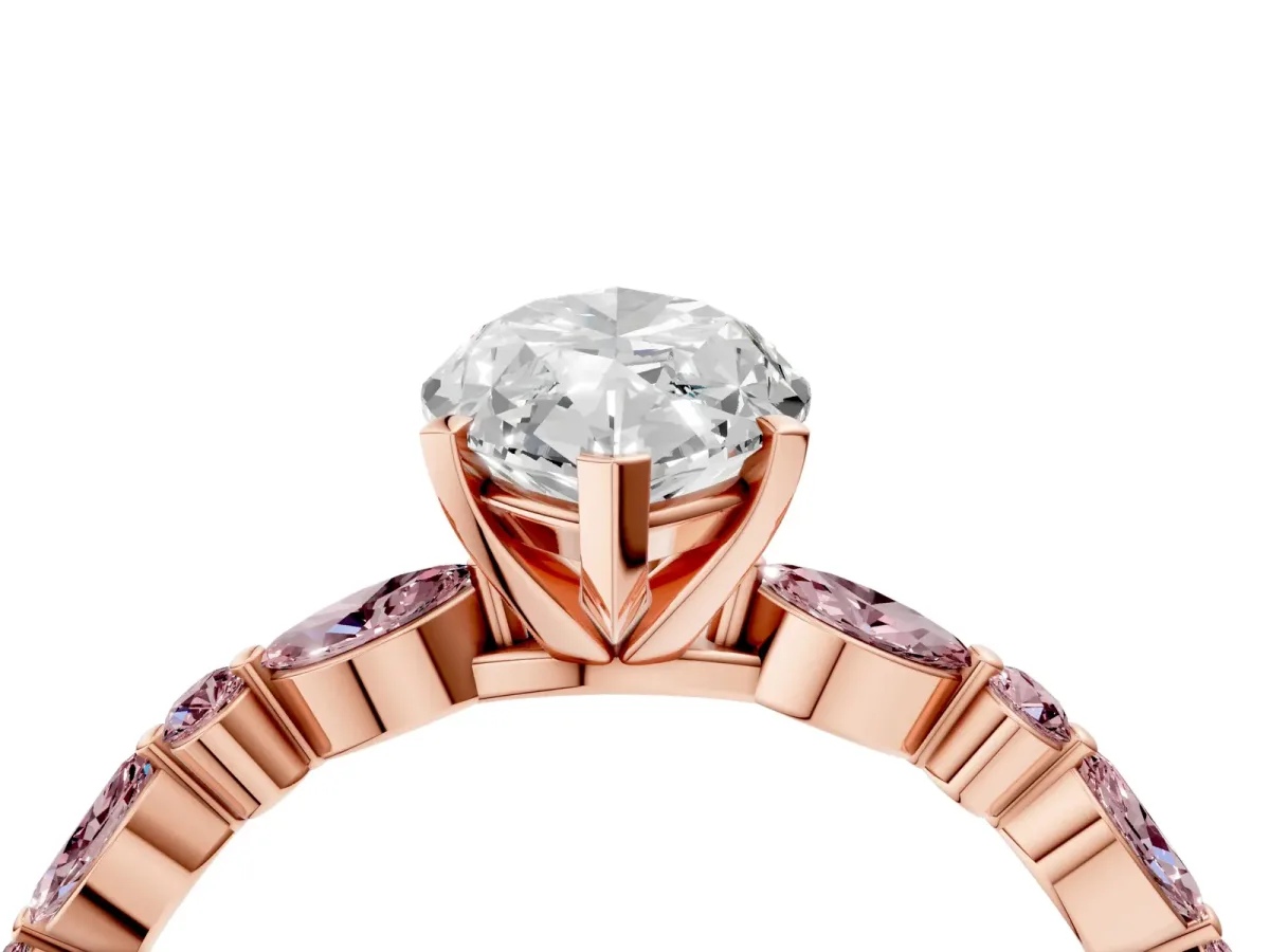 Marquise Cut Diamond Ring with Marquise and Round Morganite Side Stones and Four-Prong Setting Rose gold