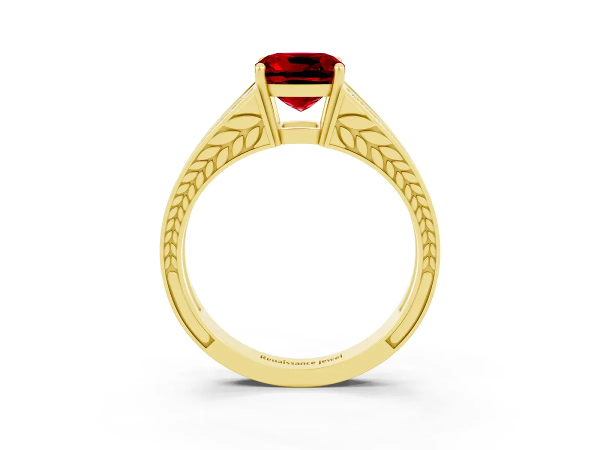 Cushion Cut Ruby Split Shank Ring with Pavé Band and Four-Prong Setting Yellow gold