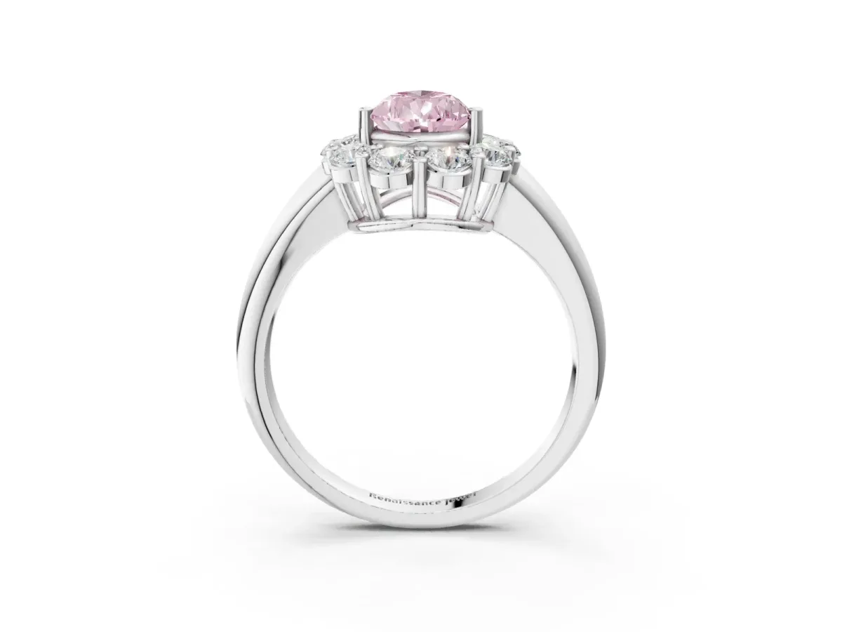 Fancy Pink Pear Cut Halo Cluster Diamond Engagement Ring with Prong Setting and Polished Band White gold