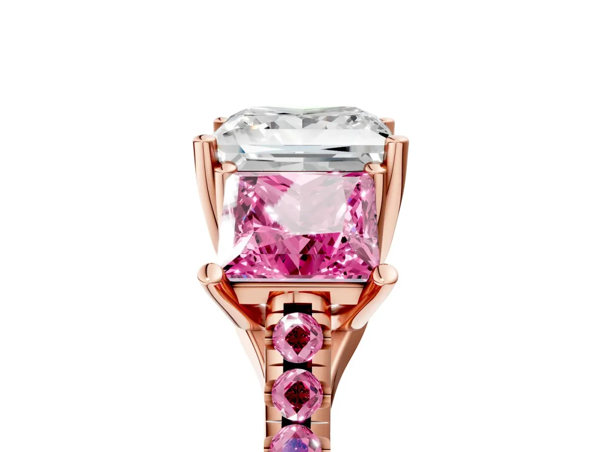 Three-Stone Princess Cut Diamond Ring with Round Pink Sapphire Pavé Band and Prong Setting Rose gold