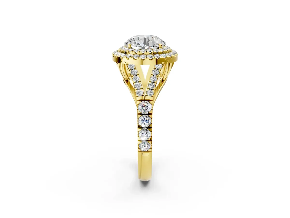 Round Cut Diamond Double Halo Ring with Split Shank and Prong Setting Yellow gold