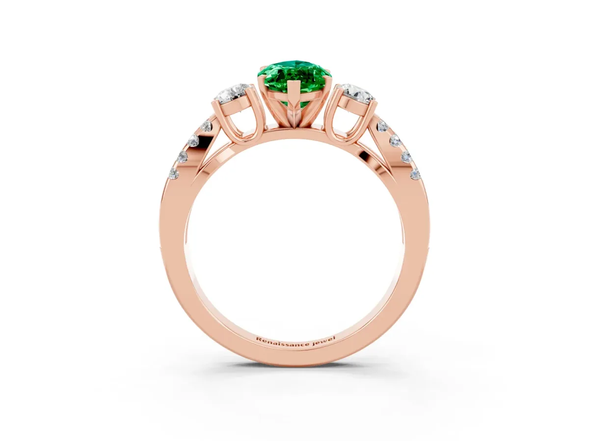 Marquise Cut Emerald Three-Stone Ring with Pavé Split Shank and Four-Prong Setting Rose gold