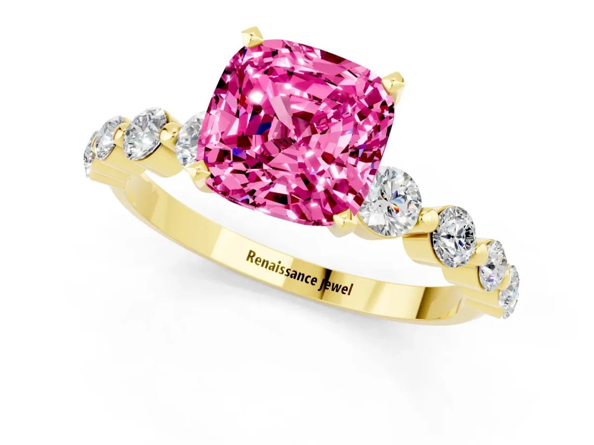 Cushion Cut Solitaire Pink Sapphire Ring with Pave Band and Four-Prong Setting Yellow gold
