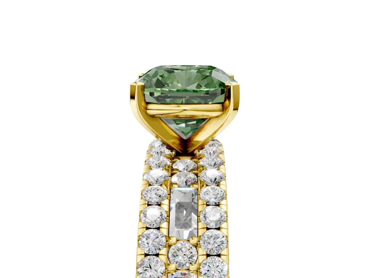 Fancy Green Cushion Cut Diamond Solitaire Ring with Pavé and Channel Set Band Yellow gold