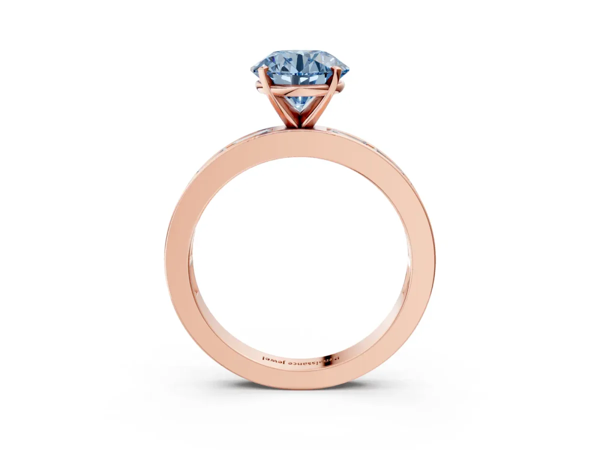 Fancy Blue Round Cut Solitaire Diamond Ring with Channel-Set Baguette Band and Four-Prong Setting Rose gold