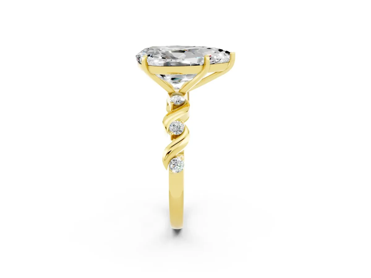 Pear Cut Moissanite Solitaire Twisted Band with Round Accents and Prong Setting Yellow gold