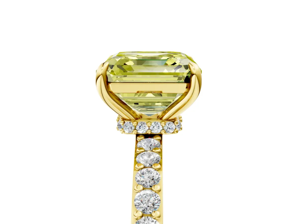Fancy Yellow Asscher Cut Diamond Solitaire Engagement Ring with Pavé Band and Four-Prong Setting Yellow gold