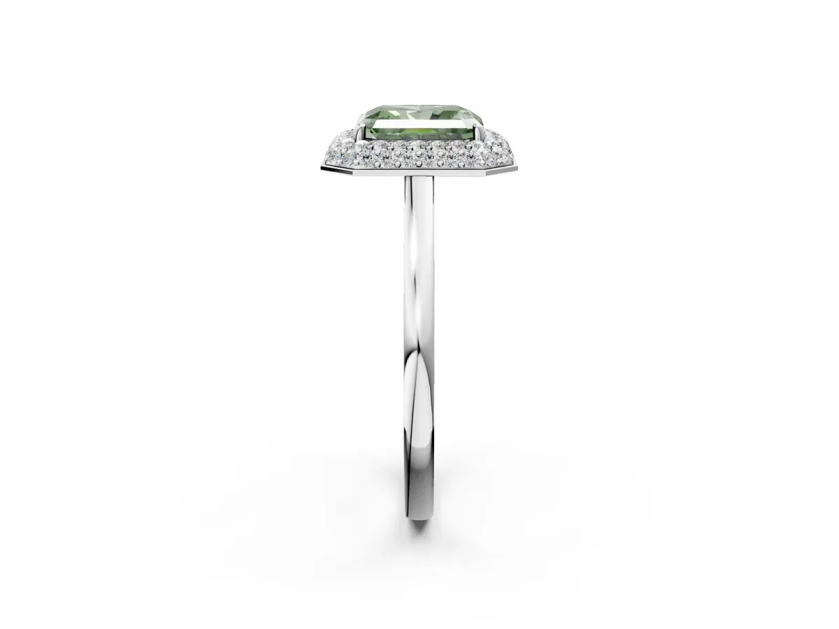 Fancy Green Radiant Cut Halo Diamond Engagement Ring with Solitaire Band and Four-Prong Setting Platinum