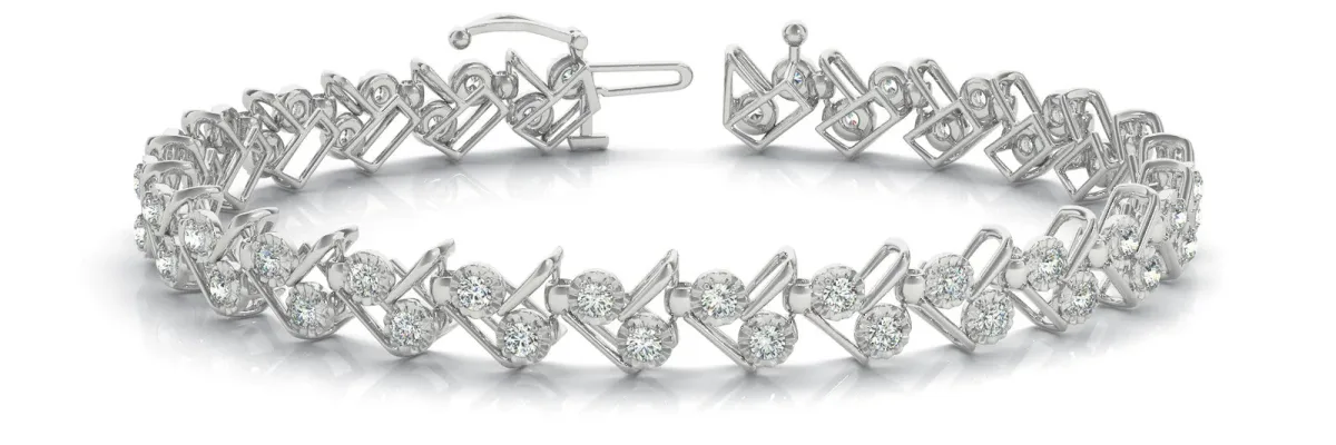Round Diamond Tennis Bracelet with Geometric Link Band and Four-Prong Setting White gold