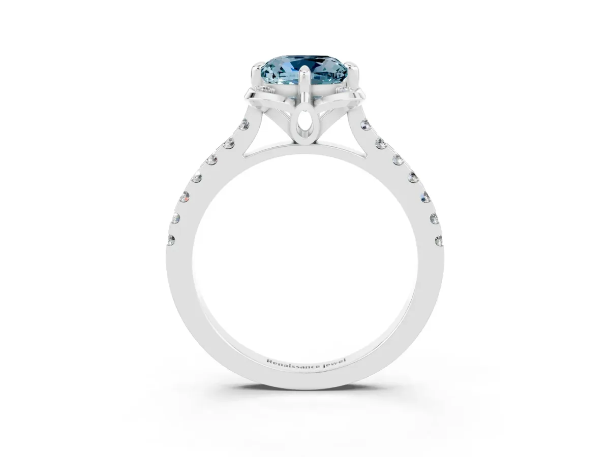 Cushion Cut Aquamarine Ring with Pavé Band and Floral Prong Setting White gold