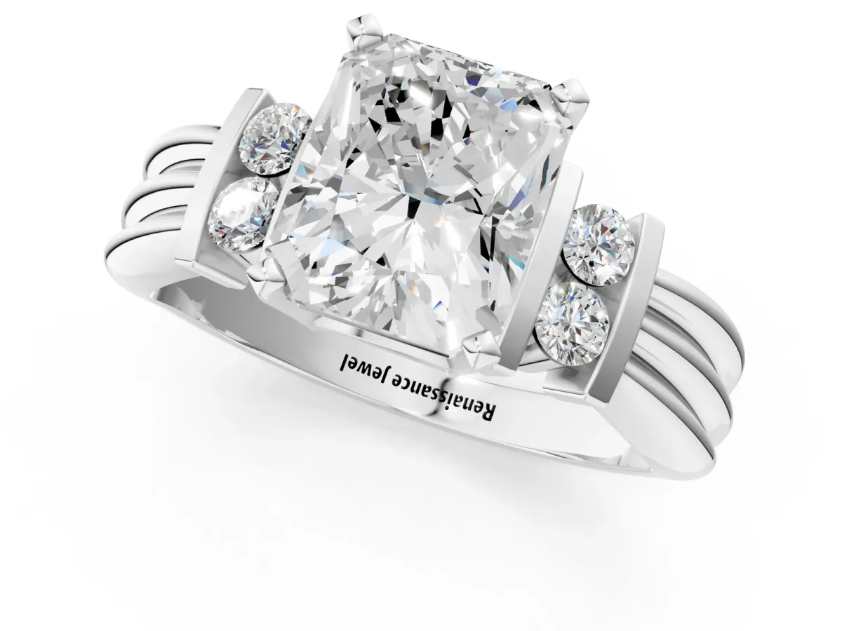 Radiant Cut Cut Three-Stone Channel Set Ring with Bar Prongs Platinum