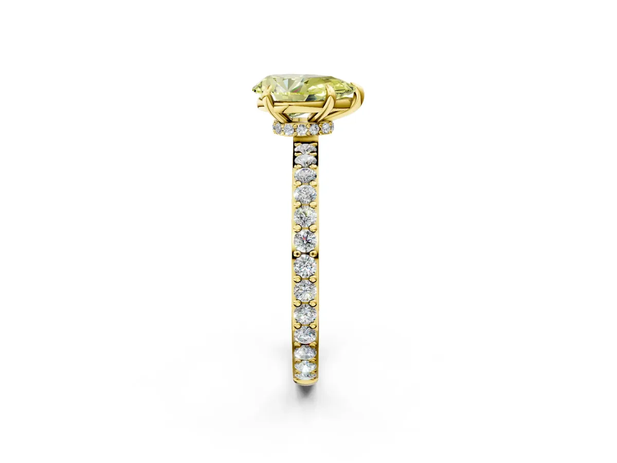 Fancy Yellow Pear Cut Diamond Solitaire Engagement Ring with Pavé Band and Four-Prong Setting Yellow gold