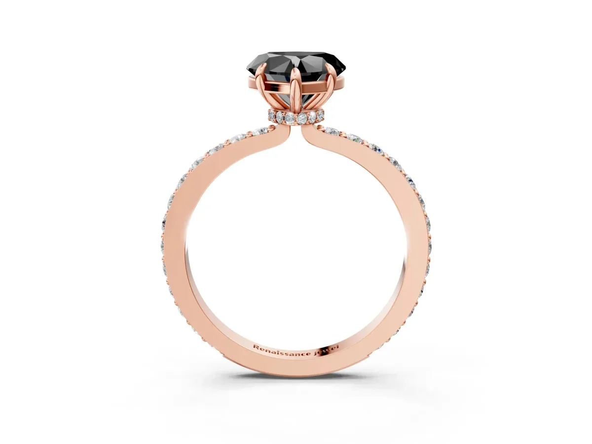 Fancy Black Heart Cut Diamond Solitaire Engagement Ring with Pavé Band and Four-Prong Setting Rose gold