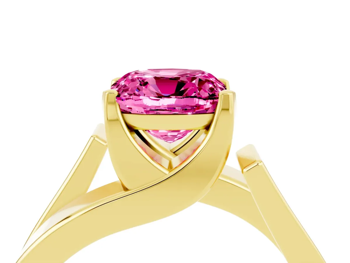 Modern Tension Set Cushion Cut Pink Sapphire Solitaire Wide Band Ring Yellow gold