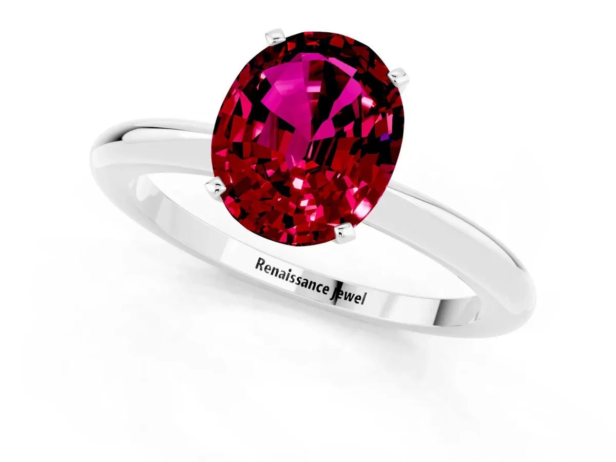 Oval Cut Garnet Solitaire Ring with Six-Prong Setting and Classic Band Platinum