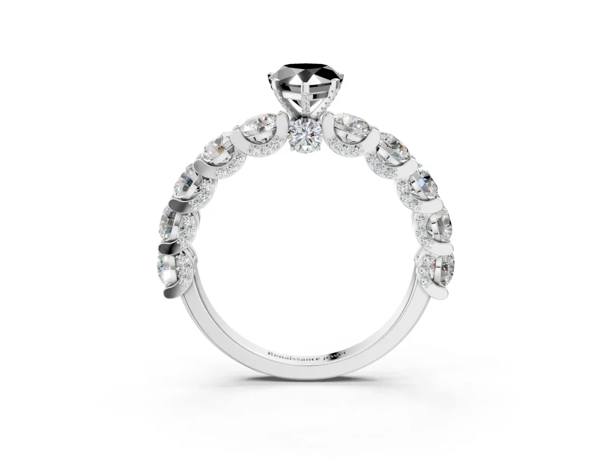 Fancy Black Pear Cut Diamond Side Stone Engagement Ring with Four-Prong Setting White gold