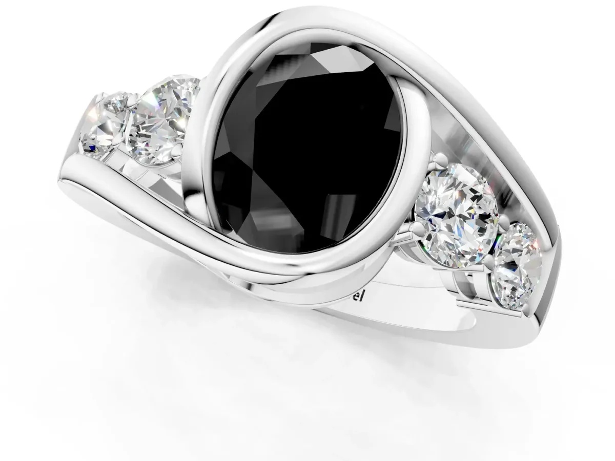 Fancy Black Bezel Set Oval Cut Diamond Bypass Ring with Round Accents Silver