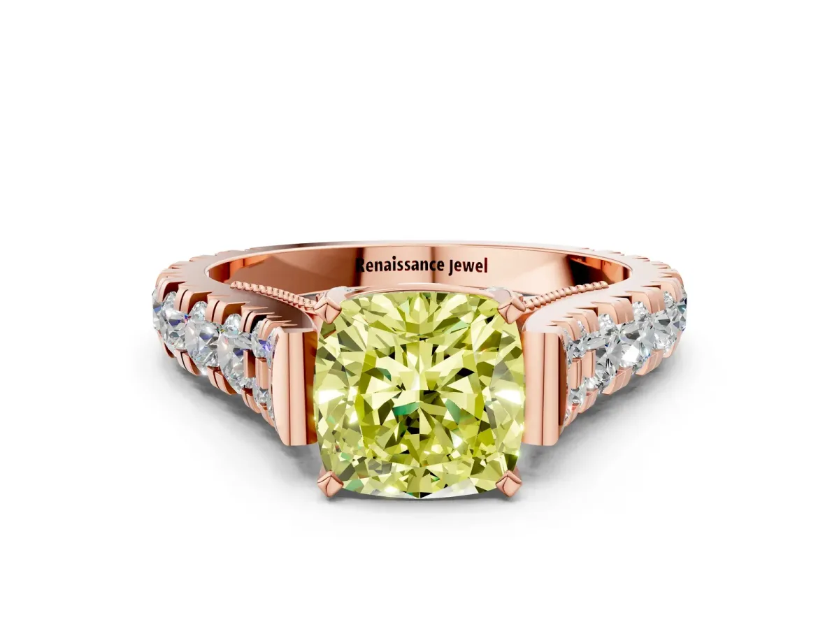 Fancy Yellow Cushion Cut Diamond Classic Solitaire Ring with Pavé Band and Four-Prong Setting Rose gold