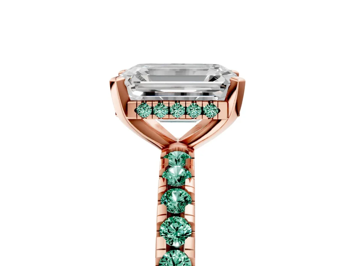 Emerald Cut Diamond Solitaire Ring with Round Green Sapphire Pavé Band and Four-Prong Setting Rose gold