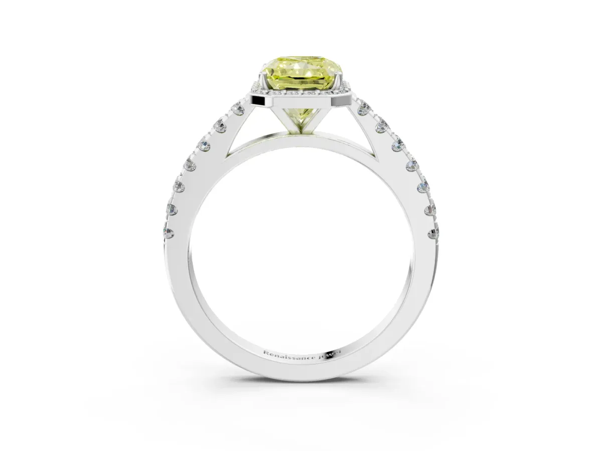 Fancy Yellow Radiant Cut Cut Halo Diamond Engagement Ring with Pave Band and Four-Prong Setting Platinum