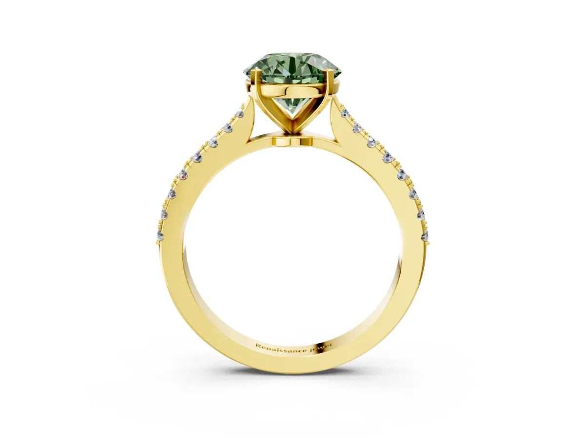 Fancy Green Round Cut Cut Solitaire Diamond Engagement Ring with Pave Band and Four-Prong Setting Yellow gold