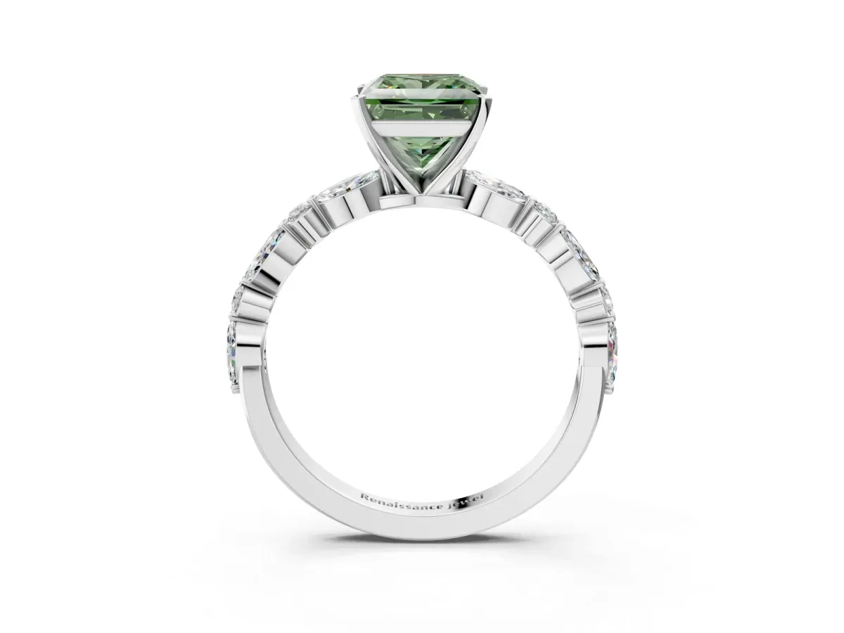 Fancy Green Princess Cut Diamond Ring with Marquise and Round Side Stones and Four-Prong Setting White gold