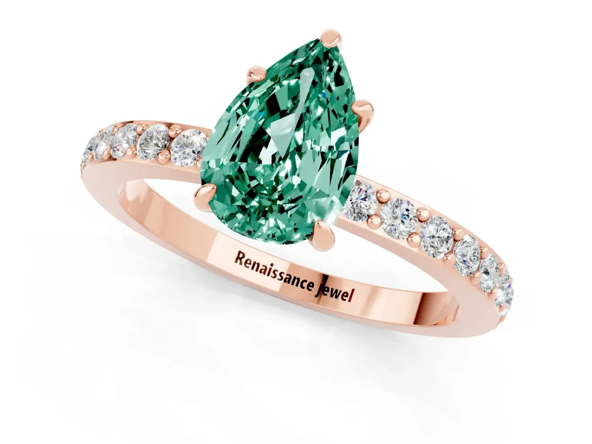 Pear Cut Green Sapphire Solitaire Engagement Ring with Pavé Band and Four-Prong Setting Rose gold