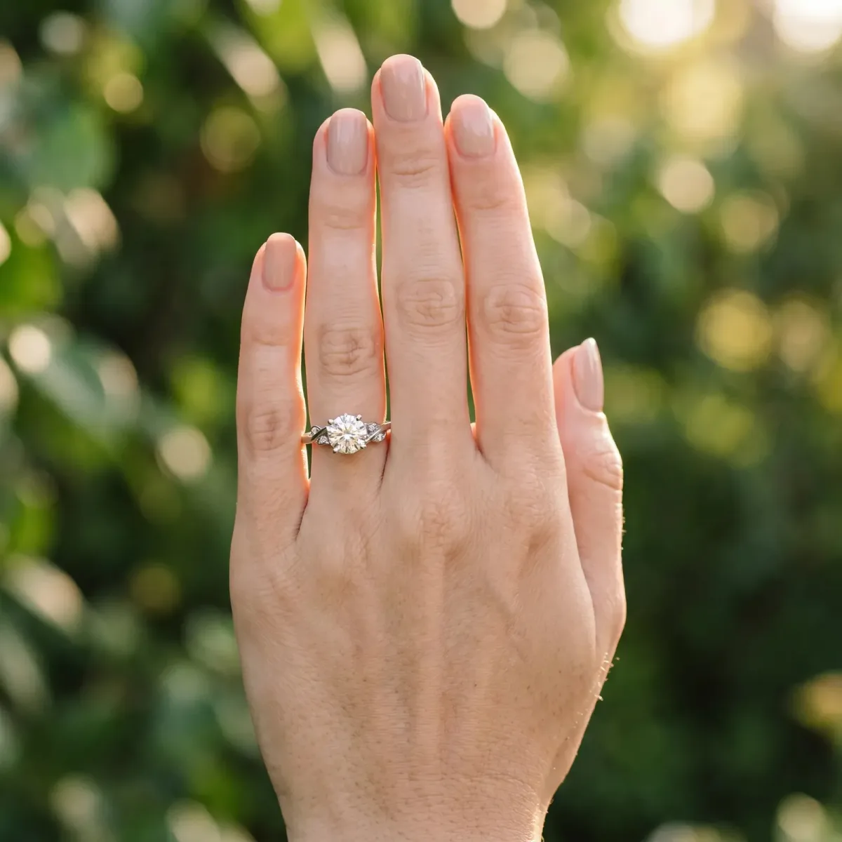 Princess Cut Solitaire Twist Engagement Ring with Leaf Accents and Prong Setting Silver
