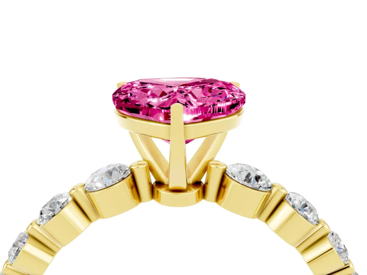 Heart Cut Solitaire Pink Sapphire Ring with Pave Band and Four-Prong Setting Yellow gold