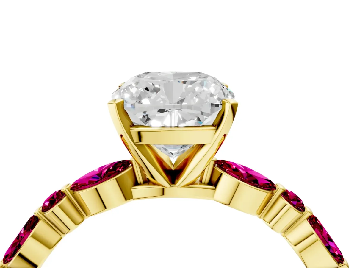Cushion Cut Diamond Ring with Marquise and Round Garnet Side Stones and Four-Prong Setting Yellow gold