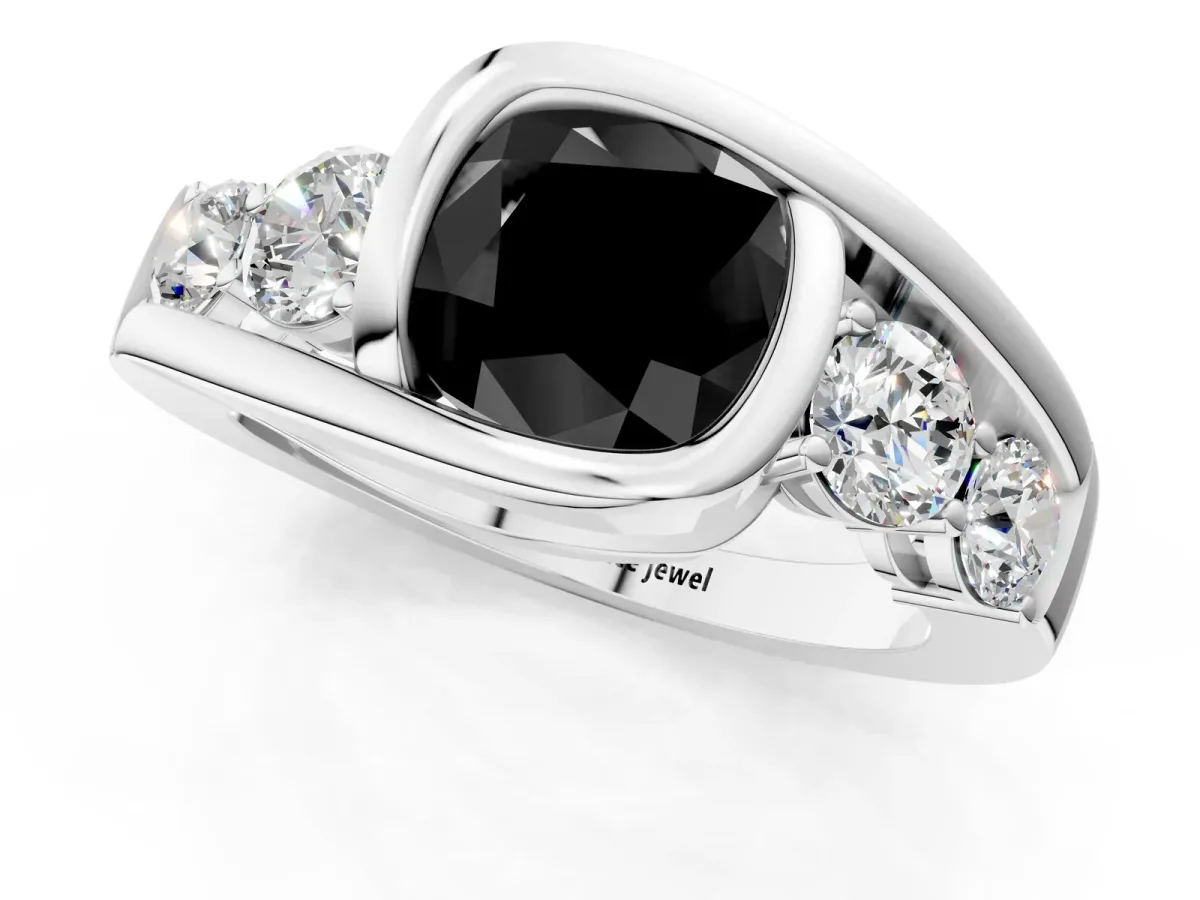 Fancy Black Bezel Set Cushion Cut Diamond Bypass Ring with Round Accents Platinum