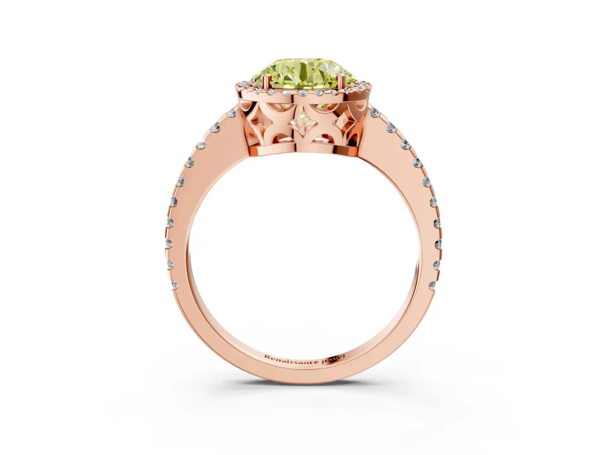 Fancy Yellow Round Cut Diamond Halo Engagement Ring with Pavé Band and Prong Setting Rose gold