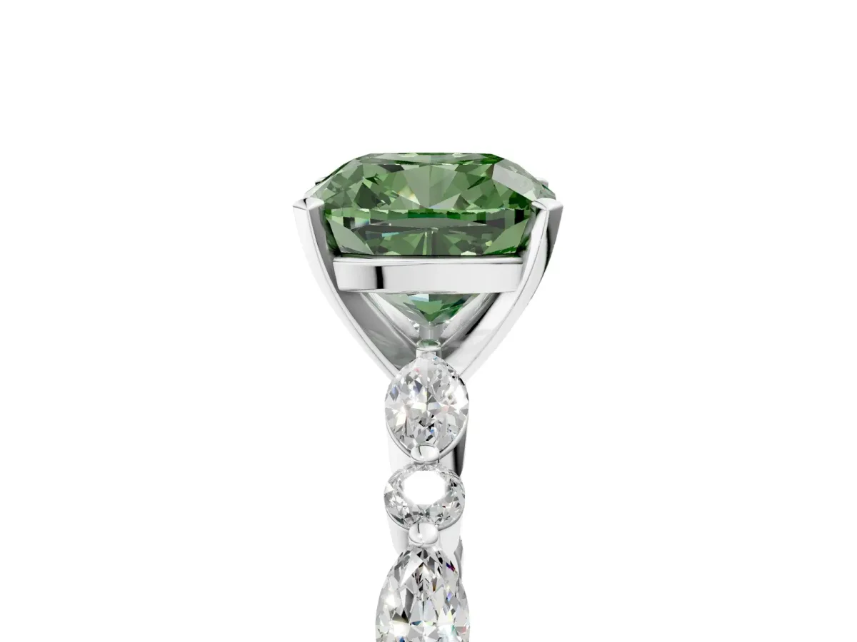 Fancy Green Cushion Cut Diamond Ring with Marquise and Round Side Stones and Four-Prong Setting White gold