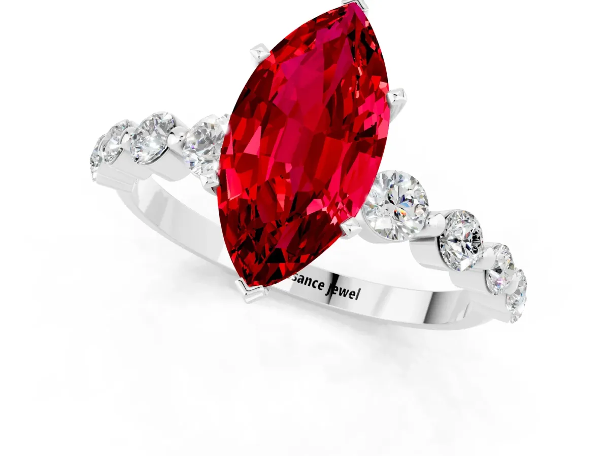 Marquise Cut Solitaire Ruby Ring with Pave Band and Four-Prong Setting Platinum