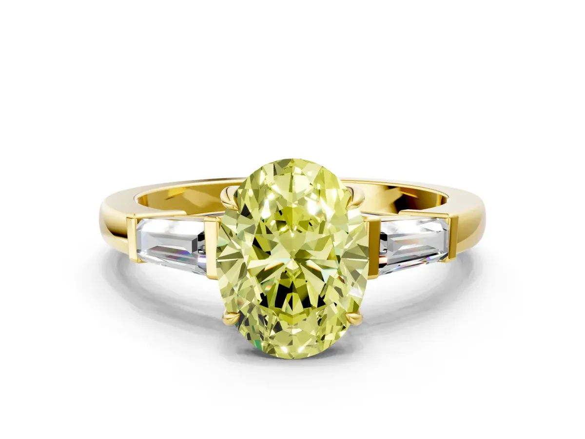 Fancy Yellow Oval Cut Diamond Three-Stone Ring with Tapered Baguette Side Stones and Prong Setting Yellow gold
