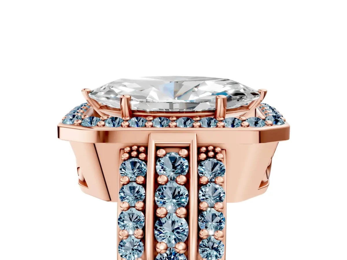 Marquise Cut Halo Diamond Ring with Round Aquamarine Split Shank and Prong Setting Rose gold