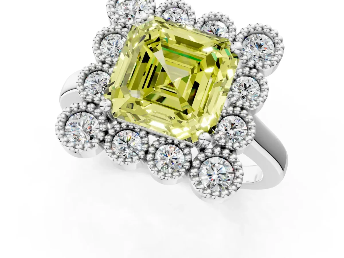 Fancy Yellow Asscher Cut Halo Diamond Cluster Engagement Ring with Milgrain Bezel Setting and Solitaire Band Platinum