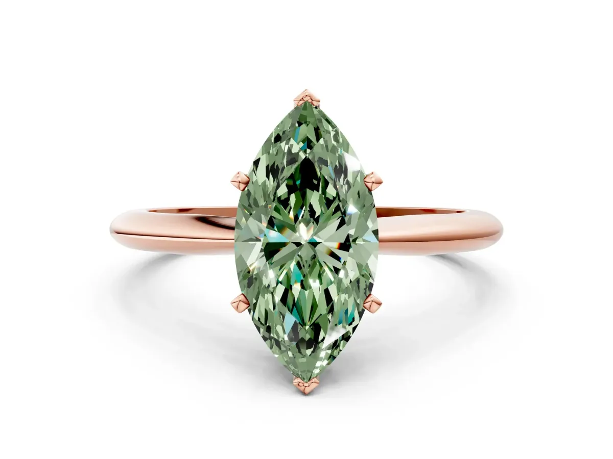 Fancy Green Marquise Cut Diamond Solitaire Engagement Ring with Classic Band and Four-Prong Setting Rose gold