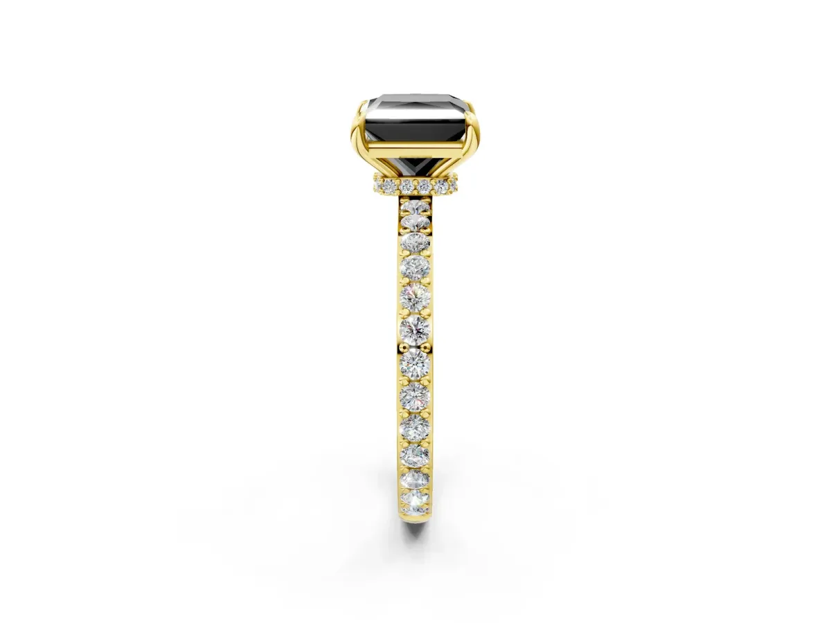 Fancy Black Princess Cut Diamond Solitaire Engagement Ring with Pavé Band and Four-Prong Setting Yellow gold