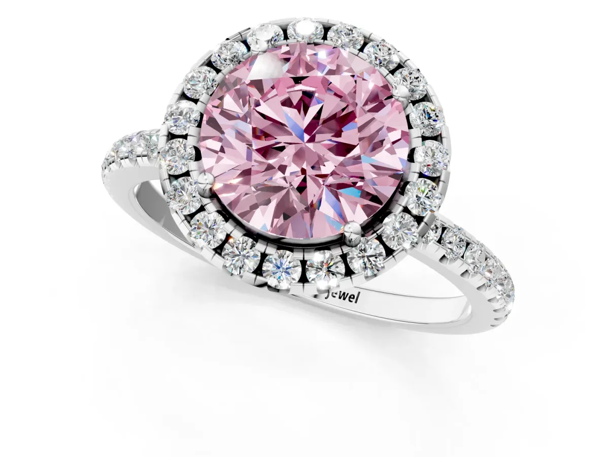 Fancy Pink Round Cut Diamond Halo Ring with Round Pavé Band and Prong Setting Platinum