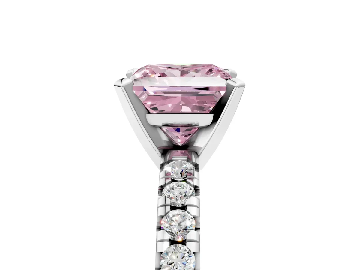 Fancy Pink Princess Cut Diamond Solitaire Pavé Engagement Ring with Round Band and Prong Setting White gold