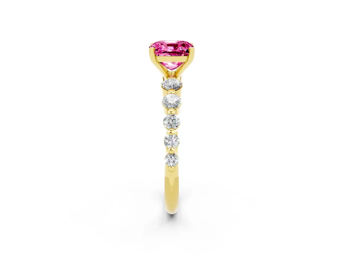 Cushion Cut Solitaire Pink Sapphire Ring with Pave Band and Four-Prong Setting Yellow gold