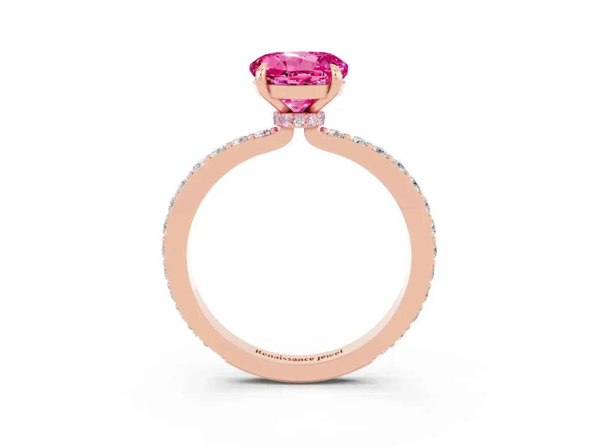 Round Cut Pink Sapphire Solitaire Engagement Ring with Pavé Band and Four-Prong Setting Rose gold
