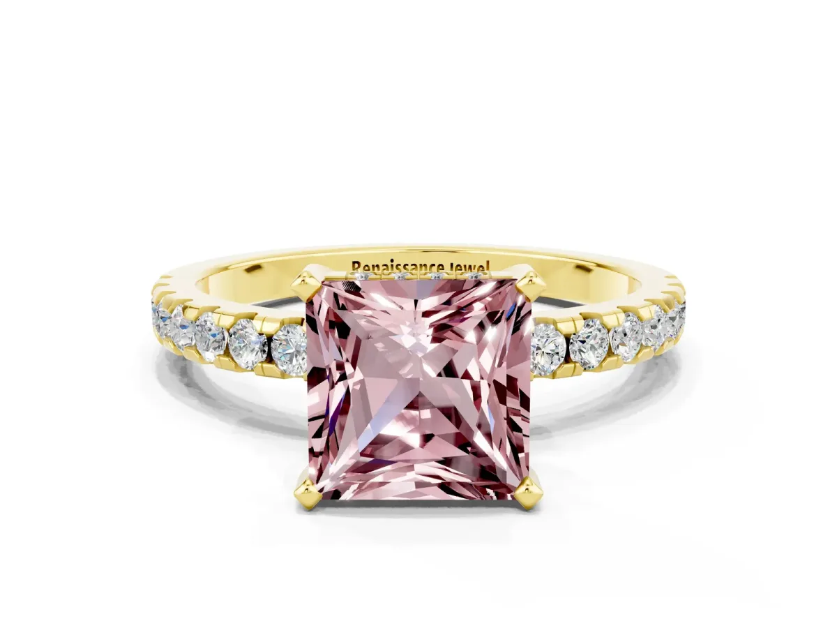 Princess Cut Morganite Solitaire Ring with Round Pavé Band and Four-Prong Setting Yellow gold