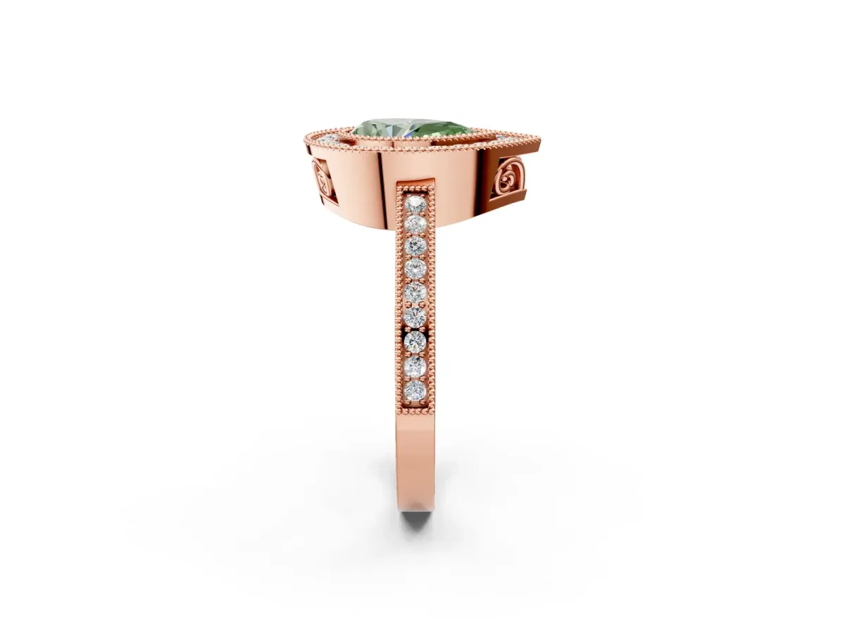 Fancy Green Pear Cut Cut Halo Diamond Ring with Pavé Band and Milgrain Prong Setting Rose gold