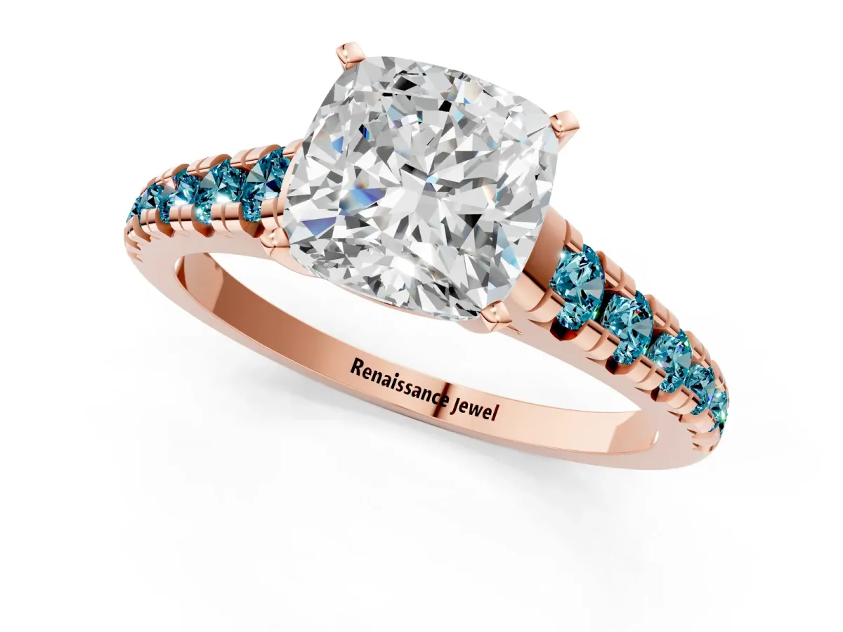 Cushion Cut Diamond Cathedral Solitaire Ring with Round Blue Topaz Pavé Band Rose gold