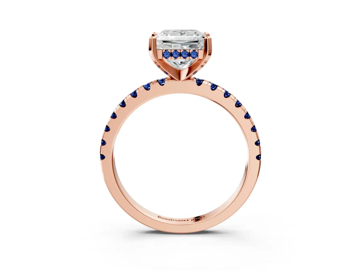 Princess Cut Diamond Solitaire Ring with Round Blue Sapphire Pavé Band and Four-Prong Setting Rose gold
