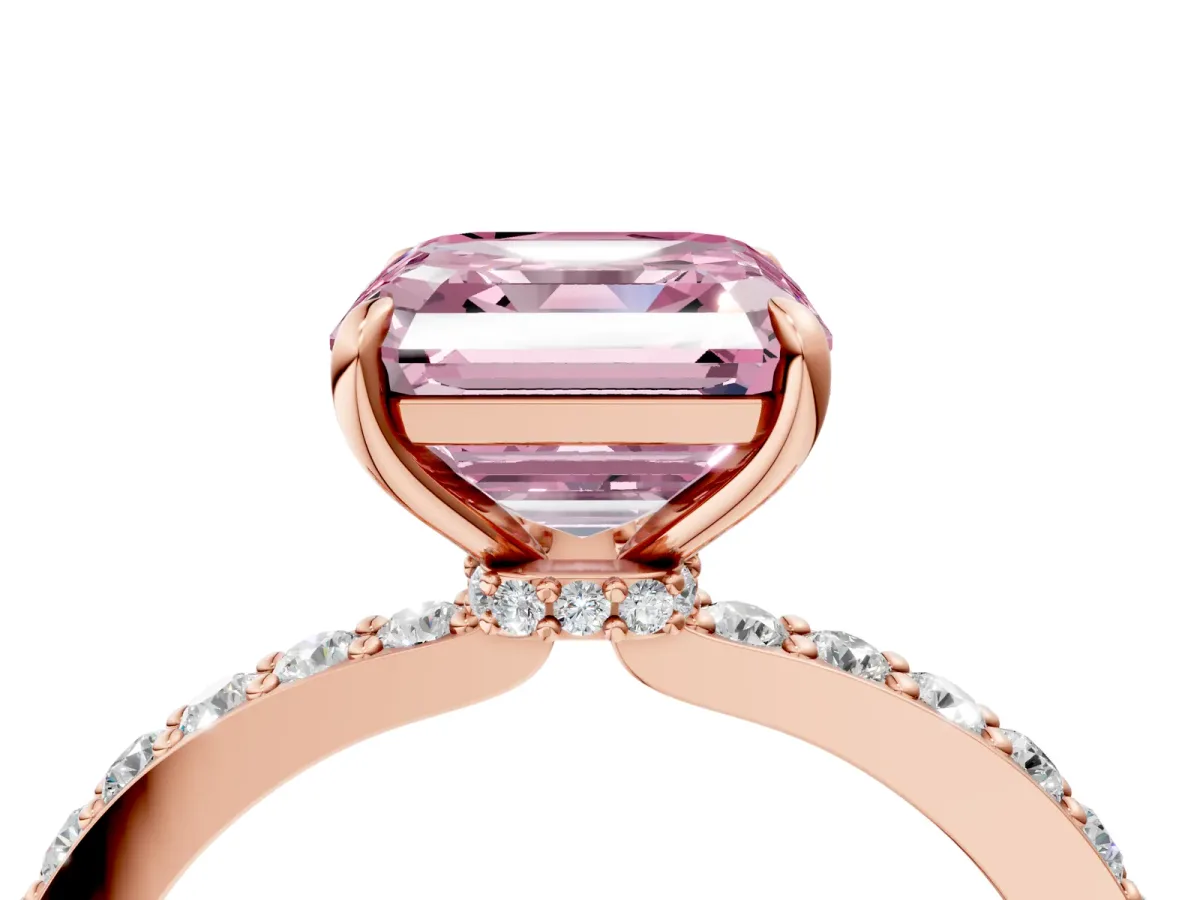 Fancy Pink Asscher Cut Diamond Solitaire Engagement Ring with Pavé Band and Four-Prong Setting Rose gold